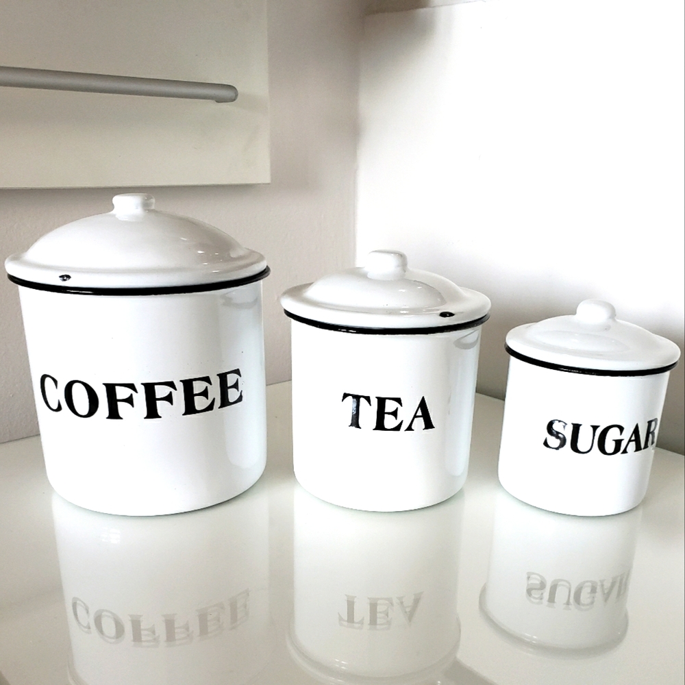 Coffee Tea Sugar Set Vintage Looking White Black Never Used Just As Display